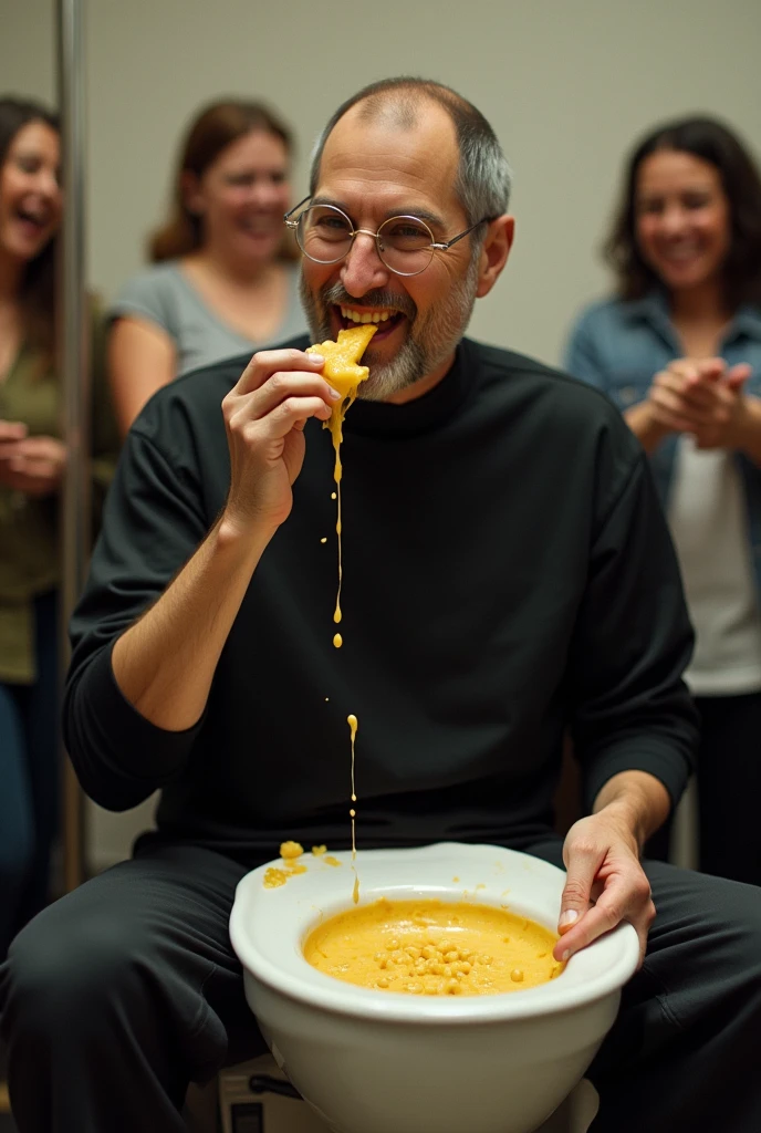Steve Jobs eating moist 💩 from a toilet bowl while people stand around pointing at him and laughing.