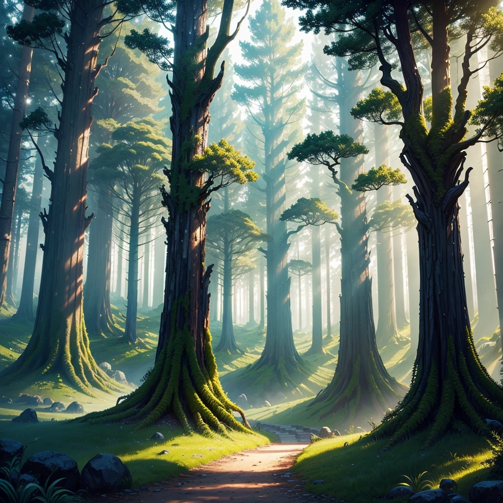 pixel art, forest, Intricate, showy, high contrast colors, Very detailed, high quality, made by Aase Berg, panoramic shot, cinematic lighting