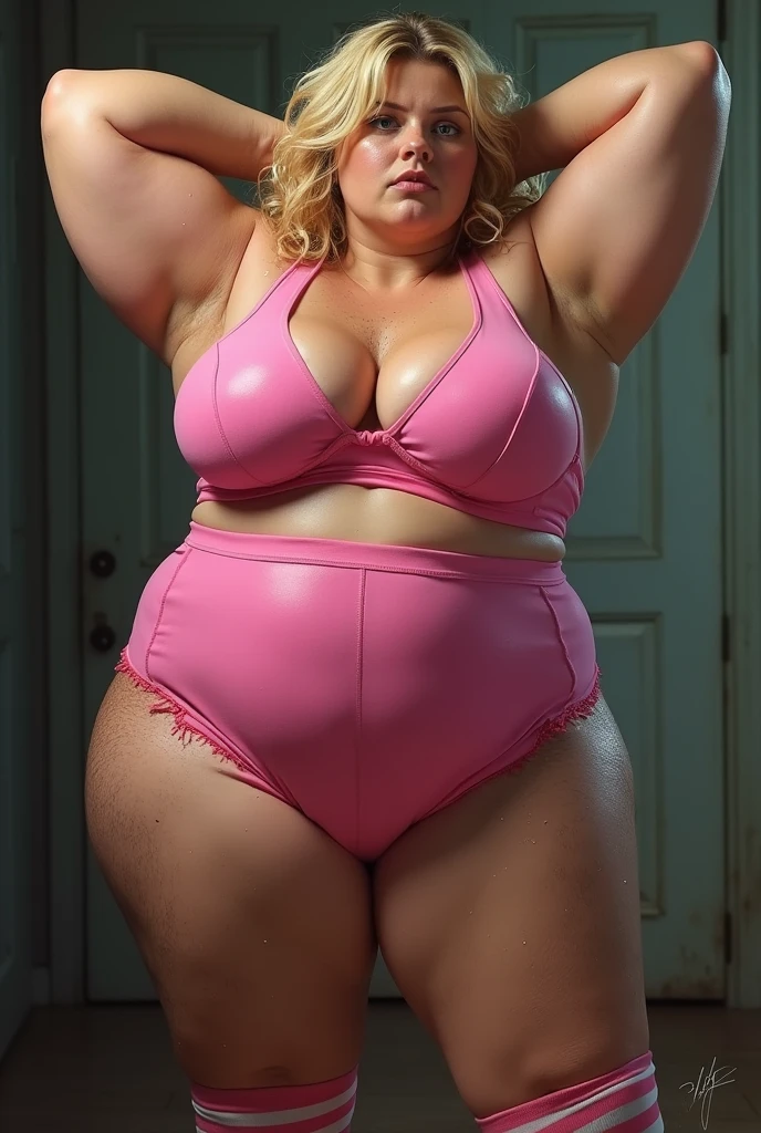 A blonde milf woman who weighs 80 kilos and has rolls, She is very sweaty and is raising her arms and showing her very hairy armpits. She has a beautiful face and has very huge breasts and has a lot of hair in her armpits., She is wearing a very tight wet pink top and some wet pink sports shorts that highlight her big thighs and some pink stockings with white stripes and her too huge buttocks and she has hairy legs and her body is soaked with sweat and she is giving off a very bad smell and has an aura of bad smell