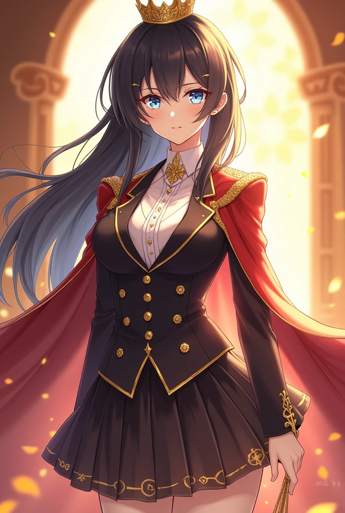 ANIME GIRL
 NOBLE WOMAN WITH BLUE EYES, BLACK HAIR, DREESING A 
ANIME GIRL NOBLE WOMAN WITH BLUE EYES, BLACK HAIR, DREESING For girls:
Blouse:
Style: Long-sleeved blouse with an elegant collar, inspired by sunlight and royalty. Instead of the traditional sailor collar, choose a high collar or peter pan collar, with details that resemble sunbeams or a stylized sun.
Fabric: Made of high-quality satin or silk, with a soft sheen that evokes sunlight.
Color: Pearly white, with gold or silver details that evoke the sun's glow.
Finishings: The collar may have subtle embroidery in the shape of sunbeams or small crystals that imitate sunlight. The bow, made of fine fabric, may be adorned with a brooch with the emblem of Solaria, which may be a stylized sun or a precious stone in the shape of a sun.
Accessories and Complements:
Blazer or Jacket:

Style: A fitted blazer or jacket, in high-quality fabric, with gold buttons that resemble the sun's glow.
Color: Royal blue or gold, to reflect the majesty of Solaria.
Details: The emblem of Solaria embroidered on the chest, representing the sun or elements related to light.
Skirt:

Style: Pleated skirt falling just above the knee, made of a high-quality fabric such as fine wool or brocade.
Color: Royal blue, gold, or a warm sunset tone, with subtle embroidery that imitates sunbeams or solar patterns.
Tights:

Style: High-quality tights, covering the entire leg to the waist.
Color: Black, dark gray, or gold, with a smooth texture that reflects light subtly.
Shoes:

Style: Mary Jane or Oxford-style leather shoes, with a touch of gold shine.
Color: Black or brown, with subtle gold details.
Cape or Cloak (for formal occasions):

Style: Long cape or cloak, made of velvet or similar fabric, with satin lining.
Color: Gold or royal blue, with embroidered sunbeams or the emblem of Solaria on the edges.
Jewelry:

Style: Small pearl or gold earrings, and a simple ring with a sun emblem or a gemstone that resembles the sun's glow. full body