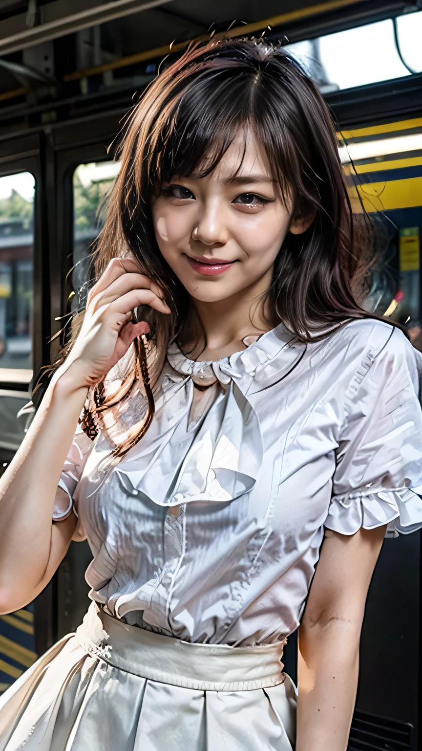 (A big smile、Squint your eyes and laugh)、(Realistic、Like a photograph、Live Action、8k, Realistic, RAW Photos, Best image quality: 1.4), Single-lens reflex camera、RAW Photos, Highest quality, Realistic, Highly detailed CG Unity 8k wallpaper, Written boundary depth, Cinematic Light, Lens flare, Ray Tracing, Realistic background、A landmine girl waiting for someone、((Wearing a white blouse:1.4)、((wear a frilly skirt:1.mall brea(Ultra-Dense Skin))、 1 person、standing front of train station, Waiting for someone while looking at a smartphone、The whole body is visible:1.5、(Long hair with pink inner color:1.2、My hair is blowing in the wind)、stylish ambiance、The perfect outfit、(White skin)、Precise and beautiful legs:1.1、View from below、Highly detailed face、Anatomically correct body、Accurate fingering