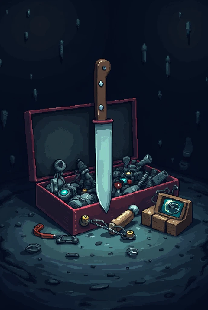 Spawns a box under a dark bed, In that box there are various gadgets and various things but what stands out most in that box is a knife, All this with a video game-like pixelated style similar to the visual style of Undertale.
