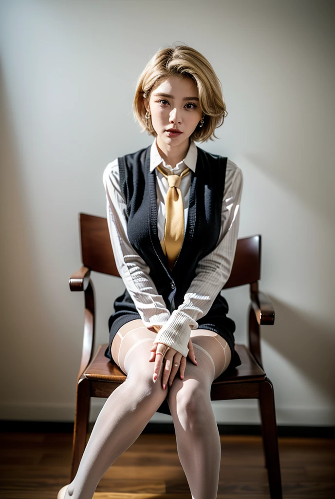 (RAW shooting, Photoreal:1.5, 8k, highest quality, masterpiece, ultra high resolution), perfect dynamic composition:1.2, Highly detailed skin and facial textures:1.2,(beautiful and aesthetic:1.2,Fair skin:1.2, full body:1.2,sitting:1.2,chair:1.2,legs together:1.2), (large breast:1.4), (perfect limbs:1.2), (perfect fingers:1.2),(caucasian,1girl,earrings,makeup, tall,standing,short blonde hair,(dark brown vest:1.2,white shirt:1.2,long sleeves,long necktie,fingerless gloves),(bottomless:1.2,pantyhose:1.2),(perfect thigh:1.2)),(simple background:1),