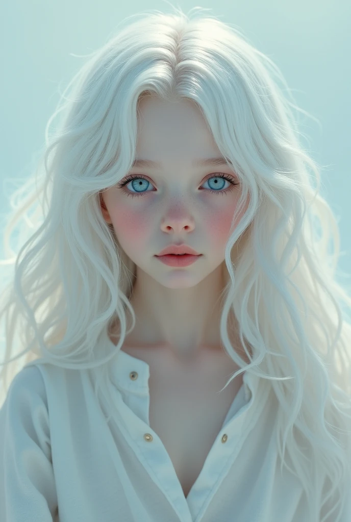  Create an image of a pale-skinned, blue-eyed boy with white hair and slightly long, wavy hair 