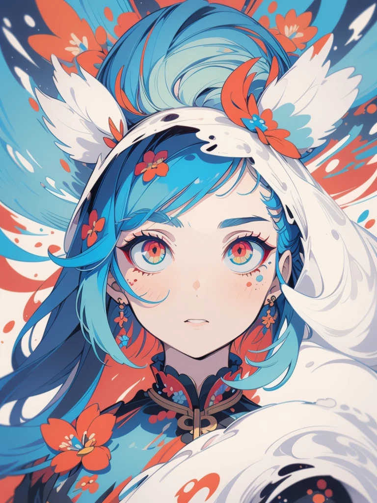 (Masterpiece, Best Quality, Top Quality, Official Art, Beautiful and Aesthetic: 1.2), Only 1 girl, Upper Body, Cat and Red Eyes, blue hair, Extreme Detail, Maximum Detail, Optical Mixing, Playful and colorful Pattern, Hundred Flowers, Paint flow, vibrant textures, unique visual effects.