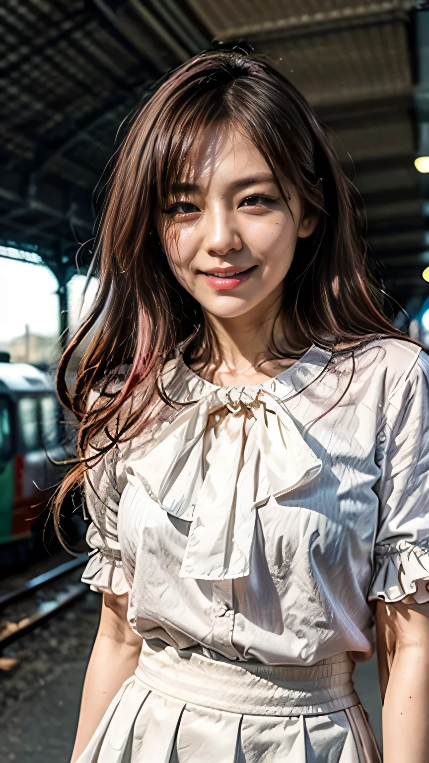 (A big smile、Squint your eyes and laugh)、(Realistic、Like a photograph、Live Action、8k, Realistic, RAW Photos, Best image quality: 1.4), Single-lens reflex camera、RAW Photos, Highest quality, Realistic, Highly detailed CG Unity 8k wallpaper, Written boundary depth, Cinematic Light, Lens flare, Ray Tracing, Realistic background、A landmine girl waiting for someone、((Wearing a white blouse:1.4)、((wear a frilly skirt:1.1)、Small breasts))、((Ultra-Dense Skin))、 1 person、standing front of train station, Waiting for someone while looking at a smartphone、The whole body is visible:1.5、(Long hair with pink inner color:1.2、My hair is blowing in the wind)、stylish ambiance、The perfect outfit、(White skin)、Precise and beautiful legs:1.1、View from below、Highly detailed face、Anatomically correct body、Accurate fingering