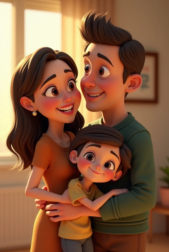 Cartoon character of a woman in not so long hair and a man with their daughter who is also short hair aimation character, stylized character, animation style rendering, 3d stylized, Arnold Maya rendering, Stylized 3D rendering, toon render screenshot, 3d character, 3d character, Stylized 3D rendering, 3D character rendering, cartoon character, Personagem de close up, character posing, (Pixar-style) (master part:1.2) (bokeh) (best qualityer) (skin detailed) (detailed texture) (8k) (Argilla) (cinematic lighting) (sharp focus