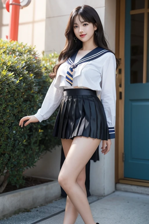 ((best quality)), (masterpiece)), (detailed: 1.4), 3d, Irrational solutions, high resolution, (masterpiece: 1.4), 超detailedな, 1 beautiful, Shiny Brown Hair, Beautiful blue eyes, Pretty Face, 2, indoor, floating, Very tall woman, Standing,,Small face,High heelを履く,Large Breasts,Big buttocks,Thick thighs,(length legs:1.2),Wavy hair,Red lips,RAW photos,、(複雑なdetailed:1.4)、(Practical:1.4)、レンダリングの超detailed, soft studio lighting, Rim Light, Bright Light,Beautiful subtle shadows、Beautiful natural light、Bright Sunshine、Beautiful details shine, Crisp details, Super Detail, Practical skin texture, 面のdetailed, Beautiful eyes in every detail, 非常にdetailedな CG Unity 16k 壁紙, compensate, (detailedな背景:1.2), Radiant Skin, whole body、cleveage,Mature woman, Hips up,length Hair,Observe the audience、whole body写真,,Abdominal muscles, Perfect body, Ultra-thin face, Facial lighting , ((Large Breasts:1.4))、Tight waist,((Beautiful Japanese woman:1.3))、Plump body line、(Low angle shot:1.1),From the angle from below、whole bodyを撮影する,非常にdetailedな顔,The face that cannot be disturbed,Beautiful Feet,High heel,Beautiful legs、length legs、黑色细High heel del pose、high: 180cm,Open your thighs,Smile、Visible nipples,Areola bulge,,length legs,Incredibly sexy、Elegant legs、length legs、length, Thick Legs、とても美しいlength, Thick Legs、Beautiful legs、The legs are very beautiful、Legs and thighs photos、(((very good)))、(Translucent shirt:1.2), 紺色のSailor Suit、(((Sailor Suit、Sailor Mini Skirt))Low-rise black pleated mini skirt:1.1, (Black pleated mini skirt:1.5), very good