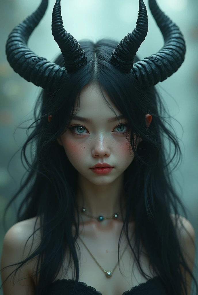 A girl with black hair, blue eyes and thin lips who has 5 horns on his head. 
