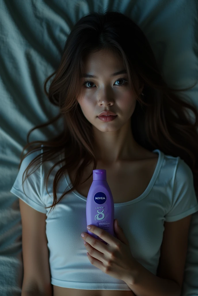 Best quality,masutepie,超High resolution,(Real photo:1.4),Raw photo,(Real skin texture:1.3),(Film grain:1.3),panorama,Character portrait,Photo very wide,Narrow waist,Cowboy scene, (In low light, cold light,) Night,(()),,,Dust,Tindall effect,(expression),1girl in,Eyes and face nice details,White Jabot,Black eyes,((tight-fitting T-shirt:1.3)) ((In the bedroom:1.4)) ((Brown hair:1.2)) ((Lying down:1.3)) ((Long hair) )　((Half Vietnamese and half Chinese:1.3))　( (holding a bottle of purple Nivia body lotion with the number 8:1.4))
