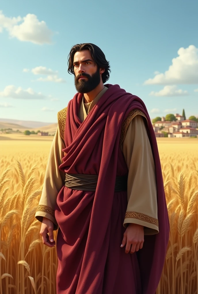 Generate a realistic image of Boaz, young adult with beard, came with a full robe medium long black hair, clear eyes based on the story of ruth according to the bible. Which was observing a wheat field 