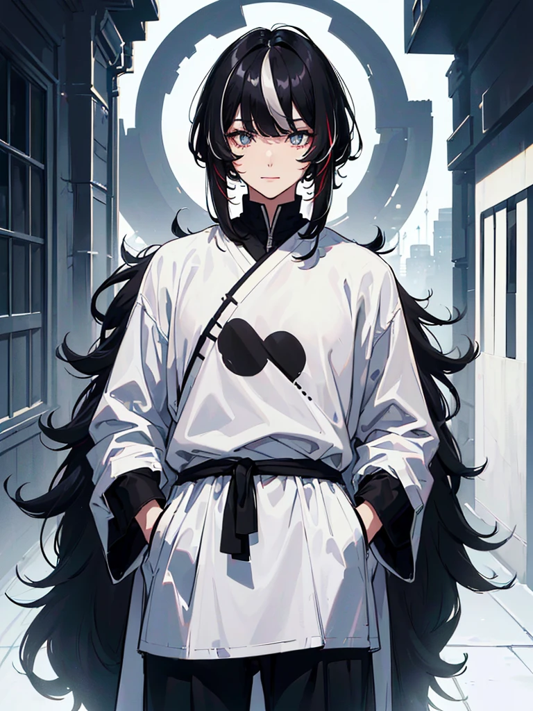 ((highest quallity, work of art, 4K, finely detailled, detailedeyes, face detailed, gelbooru, pixiv)), warm lighting, ((standing alone)), 1 men, bonitas, masculine, adult man, broadshouldered, close do rosto, ((black hair with white streak in the bangs), portraite, seducing smile. looking ahead at viewer, ((lazy eyes, half covered, white eyes with white pupils)), wearing modern clothes, a black t-shirt with a moon design, black zaquets, standing, hands in pockets, ((black hair with white streak in the bangs, Medium length hair, shaggy hairstyle, Messy hair)), city background