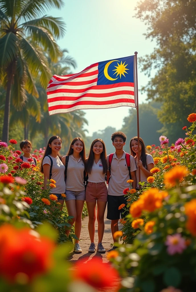 Generate a movie of a student celebrating Malaysia Day among flowers。Students holding Malaysian flag，The scene is full of movie feeling，And show the light and shadow effect of Tyndall effect。Aspect ratio wider than 16:9。