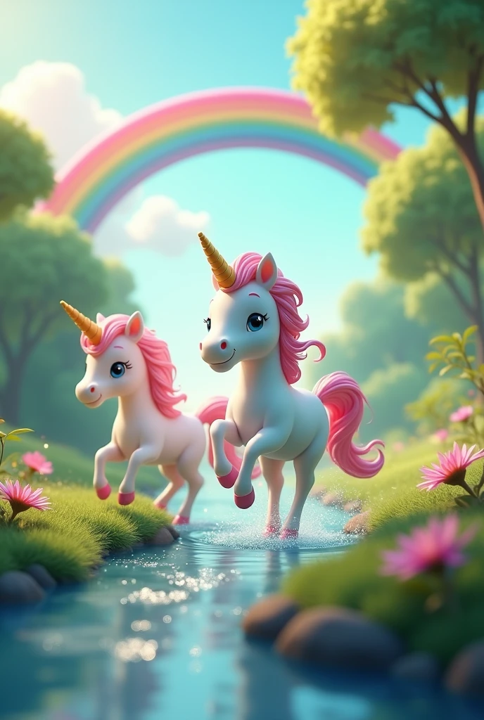 Unicorns in pony version next to a river galloping with a rainbow background