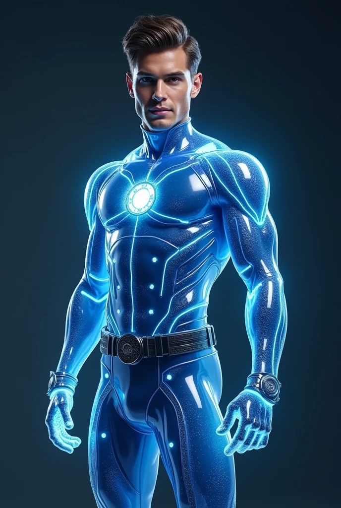 full full body photorealistic handsome hunky fractal masculine Teen titans  technomancer.. wearing indigo quartz transparent crystal chrome glass super suit , with belt and gloves..look at camera, detailed face parts,, studio as background, Freestyle Pose, Happy Expression, perfect anatomy, symmetric body,, 20 years old,  :: high detail, a lean athletic body, realistic, human skin, extremely detailed fingers,