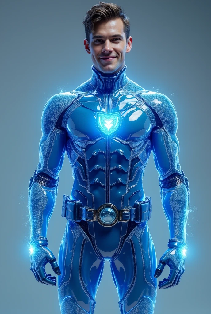 full full body photorealistic handsome hunky fractal masculine  titans  technomancer.. wearing indigo quartz transparent crystal chrome glass super suit , with belt and gloves..look at camera, detailed face parts,, studio as background, Freestyle Pose, Happy Expression, perfect anatomy, symmetric body,, 20 years old,  :: high detail, a lean athletic body, realistic, human skin, extremely detailed fingers,