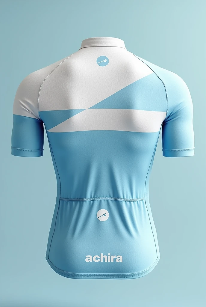 Design a cycling jersey with the latest fashion designs, with the colors white and light blue, The image must contain the front and back view of the jersey and must contain a guinea pig logo on the back and an achira logo on the front.