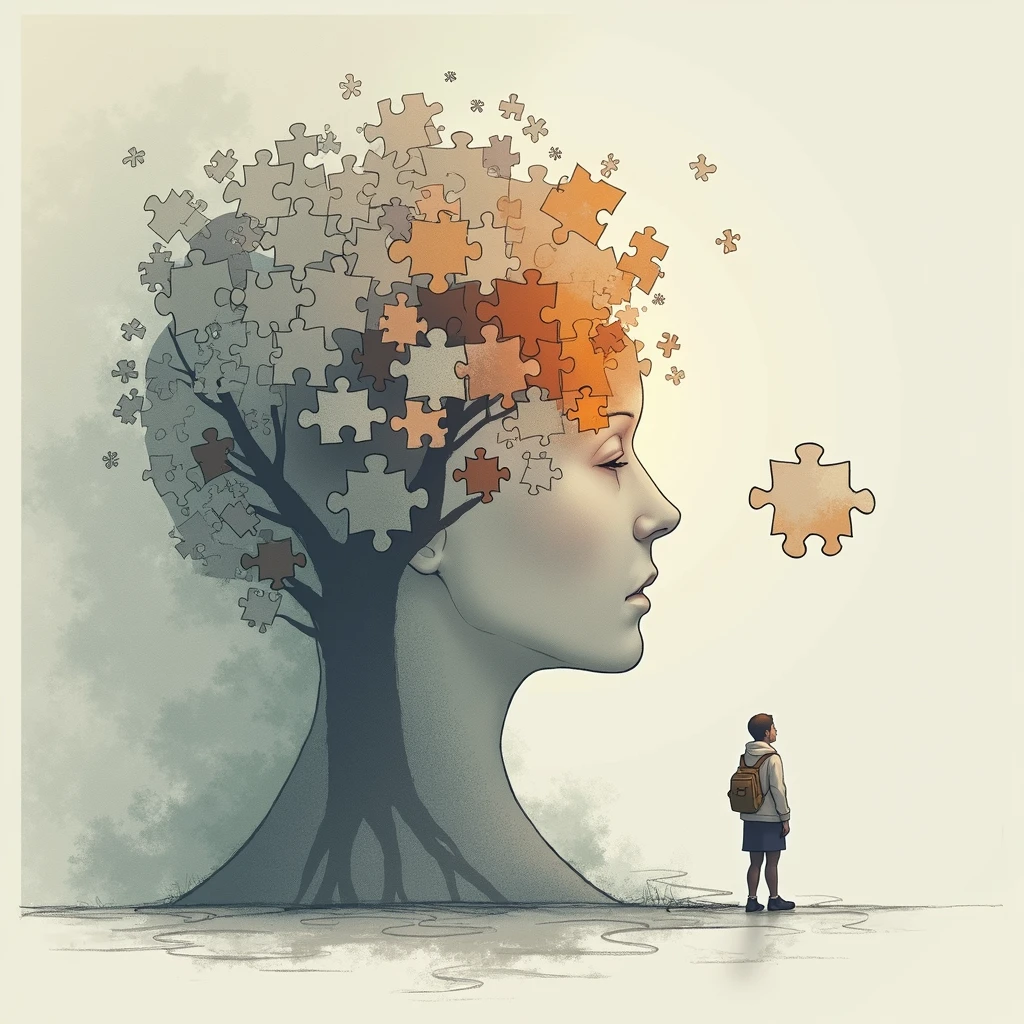 As more pieces fit into place, the puzzle transforms into a beautiful picture, representing the transformation of one's life, Illustration Drawing Stoicism