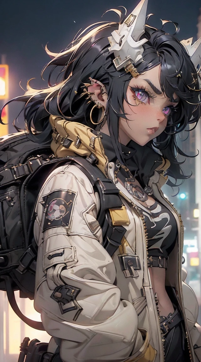 (of the highest quality、8k、32k、Masterpiece、NFFSW:1.3)、(Photoreal:1.4),(low angle,looking down 1.5)20 year old punk girl,eccentric punk hair,((black hair with a few of golden strands and white punk fashion1.5)), golden yellow eyes, studded clothing、（black hair one.5）,crazy makeup、night city background,Glare from streetlights、Lens flare、Depth of written limits.,blurred background,,,,,,,,,,,,