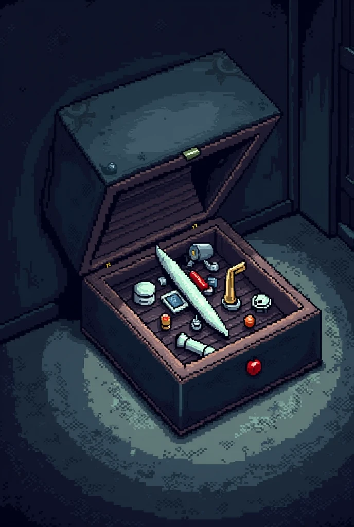 Spawns a box under a dark bed, In that box there are various gadgets and various things but what stands out most in that box is a knife, All this with a video game-like pixelated style similar to the visual style of Undertale.