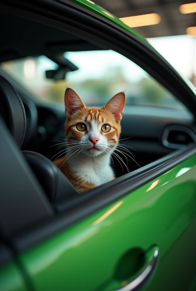 A cat, the same one in the photo, in a green Hyundai Veloster after training at the gym.