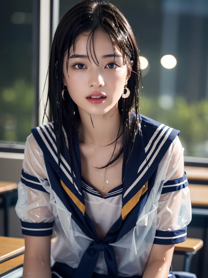 masterpiece:1.2, Very detailed, Ultra-high resolution, Realistic, photo Realistic:1.6, High-resolution RAW color photos, Professional photos, Sharp focus:1.2, Very detailed顔と肌の質感, Very beautiful eyes, Glossのある肌, Glowing Skin, Glowing Skin, Shining Face, Gloss, Oily skin, greasy face, Oily skin, greasy face,, real Glossのある肌 texture, Perfect Anatomy, Very detailed背景,(High school classroom at night),1 female,25-year-old woman, Japanese women,short hair, Straight hair, bangs, Brown Hair,((Flat Chest:1.6)), (White short-sleeved sailor suit),((A wet and very transparent sailor uniform:1.5)),((Bra in sailor suit:1.8)),Earrings、Smiling faintly