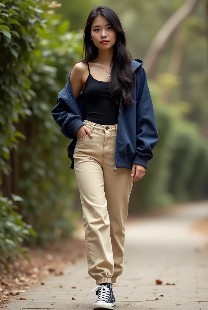 Can you give me an outfit photo of navy converse ,zip up navy hoodie black tank top,and beige jeans on a 20 age girl with black hair in a girly way 