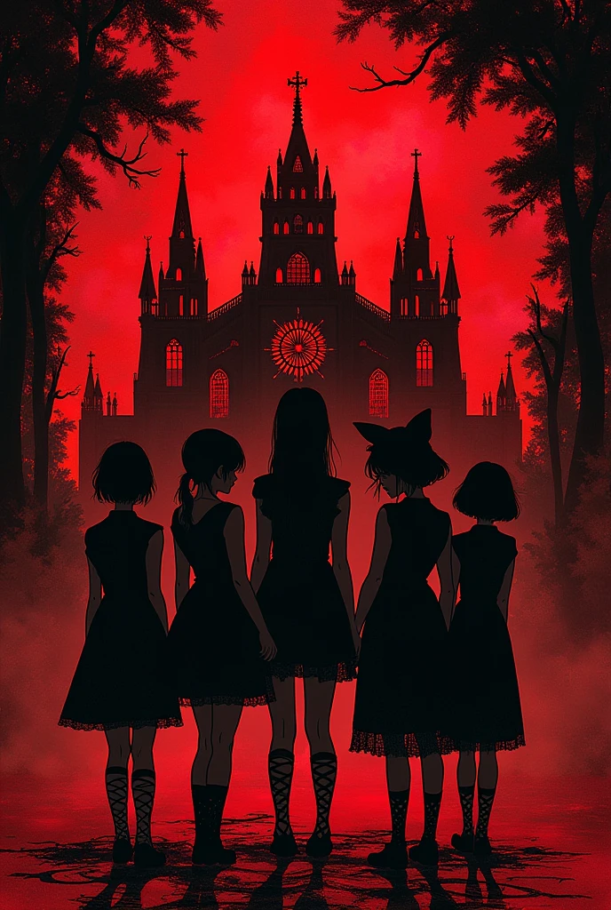 japanese goth kawaii kpop girl group, (abstract art:1.2), fractal art, psychedelic art, (style of Yuko Shimizu:1.1), red theme, dark theme, gothic cathedral, haunting,