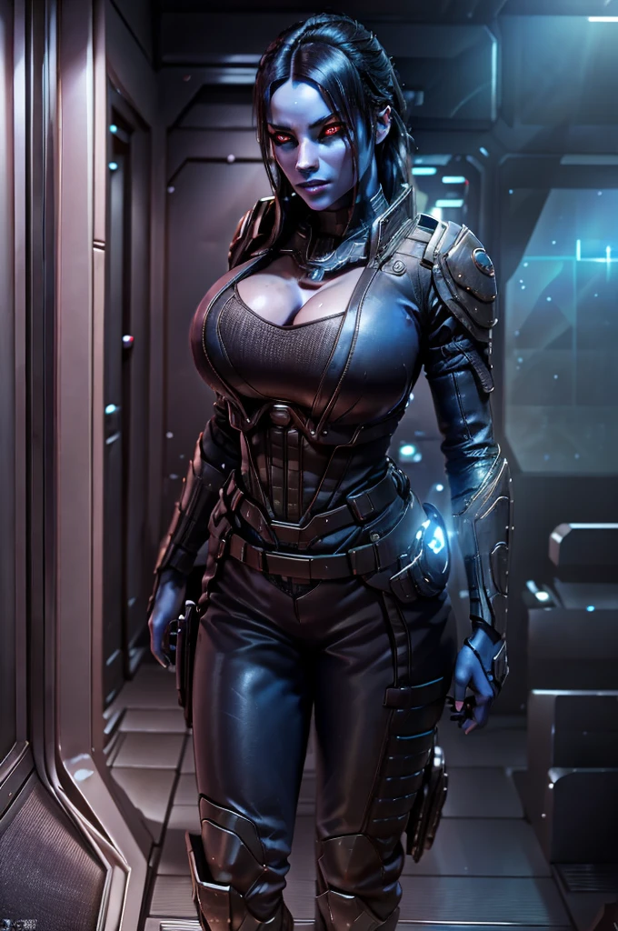 A female Chiss with blue skin, black hair, and red eyes, wearing a black jumpsuit, tool belt, in a full body pose, standing next to a window in the hallway of a spaceship, (best quality,4k,8k,highres,masterpiece:1.2),ultra-detailed,(realistic,photorealistic,photo-realistic:1.37),detailed cyberpunk character, hyper realistic, highly detailed face, intricate details, dramatic lighting, sci-fi, cinematic, moody atmosphere, cinematic lighting, dramatic lighting, vibrant colors, depth of field