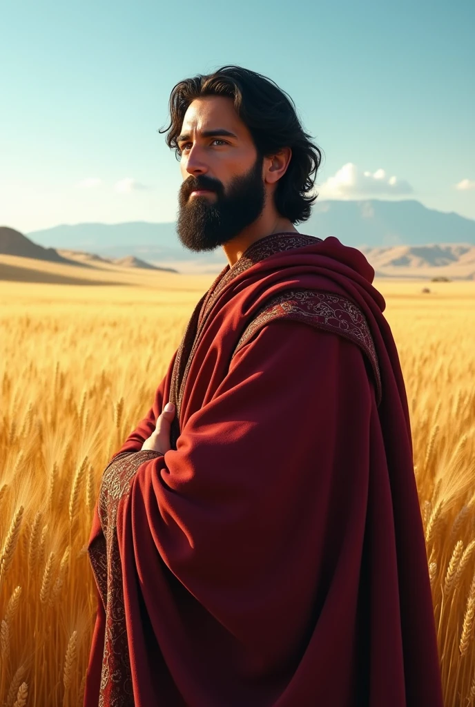 Generate a realistic image of Boaz, young adult with beard, came with a full robe medium long black hair, clear eyes based on the story of ruth according to the bible. Which was observing a wheat field
