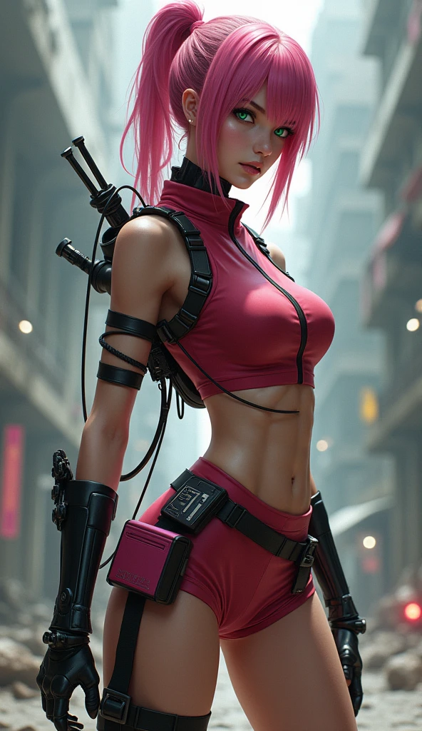 Ultra HD 8K digital painting, kunoichi, pink hair, emerald green eyes, red sleeveless top, high collar, zipper, white circular design on back, short pink skirt, black compression shorts, black gloves, black shinobi sandals, tied headband, short haircut, dark pink medical pouch on thigh, dynamic pose, dramatic lighting, tension, intense, ready for battle, highly detailed scene, cinematic.high quality, (RAW photo, best quality), (realistic, photorealistic: 1.4), (extremely delicate and beautiful: 1.4), amazing, fine details, masterpiece, ultra detailed, high resolution, best illustration, best shadow, intricate, ( extremely intricate: 1.2), (exquisitely detailed skin), cinematic light, perfect anatomy, (cool color: 1.4), sharp focus, 8k UHD, DSLR, (Fujifilm XT3),(iluminación cinematográfica :1.4), Mechanical vertebrae attached to the back, mechanical cervical attachment to the neck, alambres y cables que se conectan a la cabeza, Evangelion, small bright LED lamps, (Fondo ciudad destroyed apocalypse Tokio cyberpunk :1.4), (tiene un hermoso culo :1.4) 