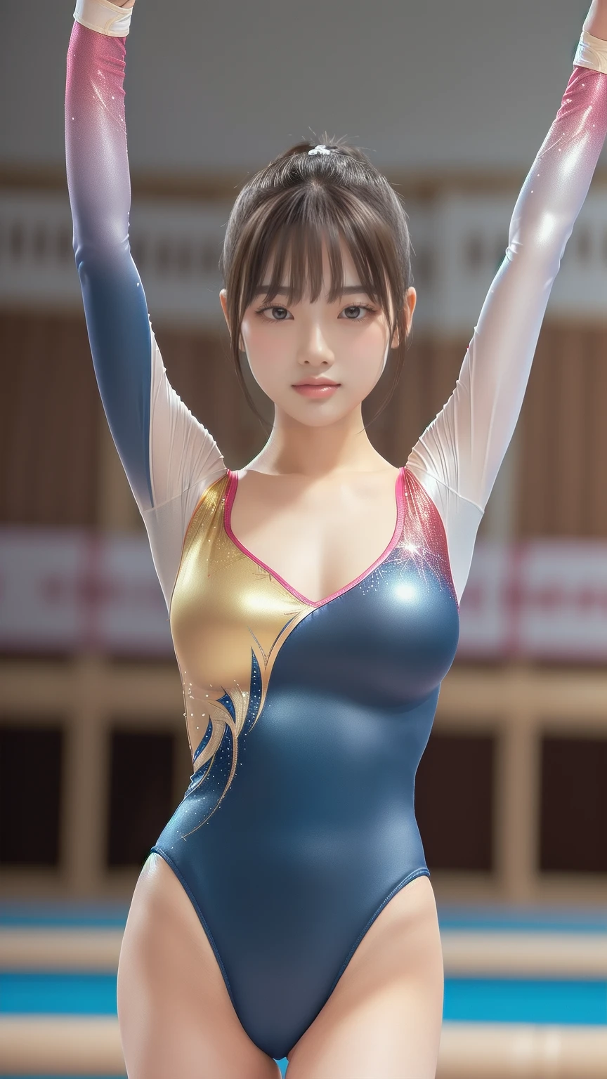 ((indoor, 新Gymnastics arena, Gymnastics arena:1.3)), Vibrance, Natural colors, (Highly detailed skin, Beautiful realistic face, White skin, Pointed Chest, Small nipples, Perfect Anatomy, Realistic eyes, Natural Eyes, Brown eyes, Accurate eye focus, Accurate limbs), (Hyper Realist, Ultra-realistic, 4K, Attention to detail, Ultra-high resolution, Highest quality, masterpiece, Presence, dynamic, Uplifting, bold, Sharpness), (Thinning hair:2, Soft Hair:2, Straight hair:1.5, Long, slicked bangs, Light copper amber hair, Hair on one eye, Twin tail hair), (Female gymnast, Detailed costume, She wore a tight-fitting long-sleeved leotard.:1.5), Shiny long sleeve leotard, Metallic colors長袖レオタード, Racing long sleeve leotard, Gymnastics Long Sleeve Leotard, ((High leg long sleeve leotard, A long-sleeved leotard with lots of Swarovski embellishments)), ({Metallic red color| Metallic purple color| Metallic white color| Metallic navy color| Metallic pink color| Metallic gold color| Metallic silver color| Metallic black color| Metallic colors}Long sleeve leotard colors), (Big Breasts:1.5), (Tall, Elongated arms and legs, Small waist, Small hips), (Crouching, M-shaped split, Squat:1.2, Squat with your legs wide apart, Spread your legs), The long-sleeved leotard is digging into her butt, barefoot, Looking into the camera, smile, (Underhair does not grow), (whole body:1.2)