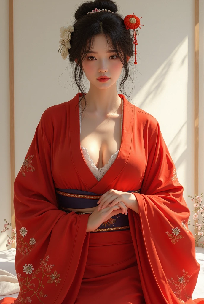 She is a Japanese woman wearing a red kimono, showing her large breasts and a rather plump figure.
