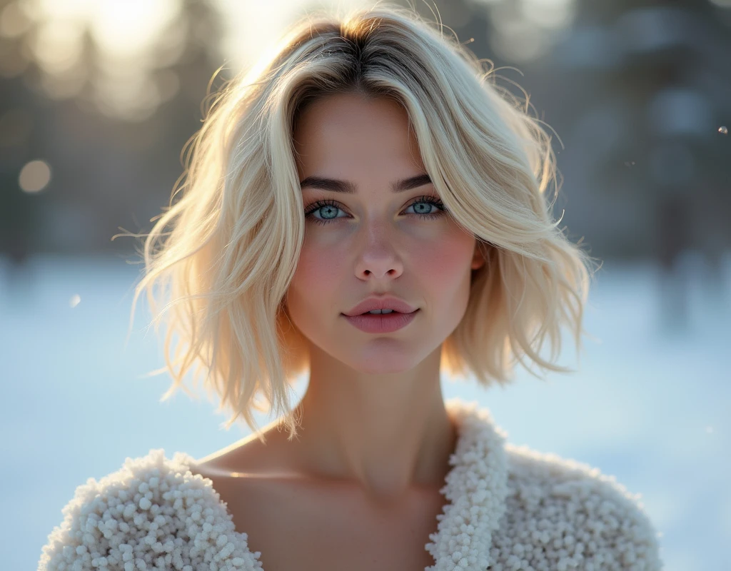 (Highest quality、Award-winning works、Ultra-high resolution)、One beautiful woman、Blonde Hair、(short stylish bob haircut hime cut)、Spectacular Cinema Lighting、Snow Scene、(Walking in the snow in Norway:1.2)、( (huge natural breasts, erect nipples, covered nipples)、(smooth hair, hime cut)、Accurate anatomy、Ultra HD Hair、beautiful teeth、beautiful face、Ultra-high definition sparkling eyes、Ultra-high resolution beautiful skin、(Face close-up) (Front view)