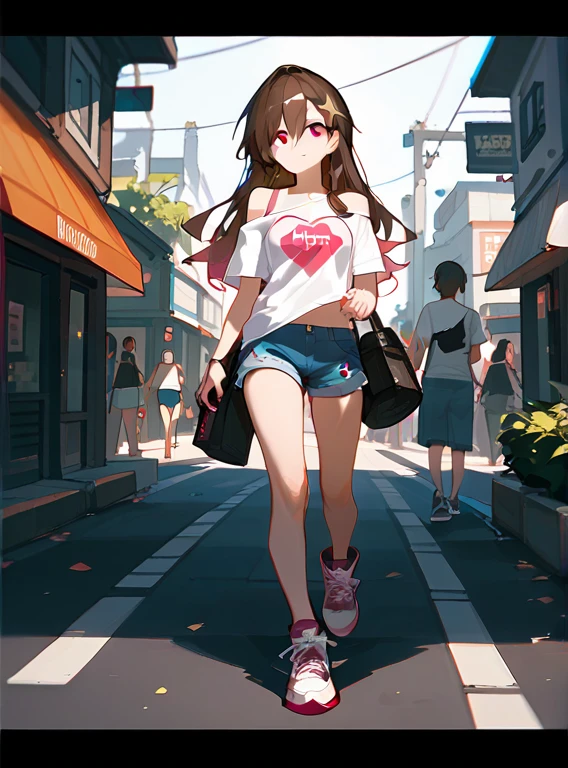 Fraction_9,Fraction_8_direction_7_up,A girl standing in the middle of the road，Showing a big bare foot，whole body，Lift one foot，Standing on one leg in sneakers，Soles，Female Giant，Clear facial features，Lots of buildings around，Denim shorts，There are bangs between the eyes，Off-shoulder T-shirt，Long hair，Brown hair，There is a five-pointed star on the hair，Perfect feet，Pink Eyes，Many little people on the ground