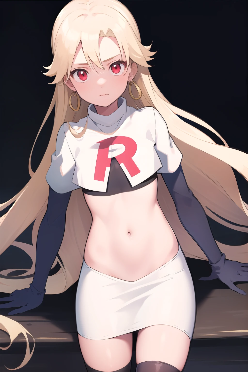 best quality, (masterpiece:1.2), illustration, absurdres,
(1girl, solo), (beautiful detailed girl), (cowboy shot),,
Roselia Millstein, blond hair, very long hair, red eyes, flat chest,
earrings, team rocket,team rocket uniform,white skirt,red letter R,crop top,black thigh-highs,black elbow gloves,
