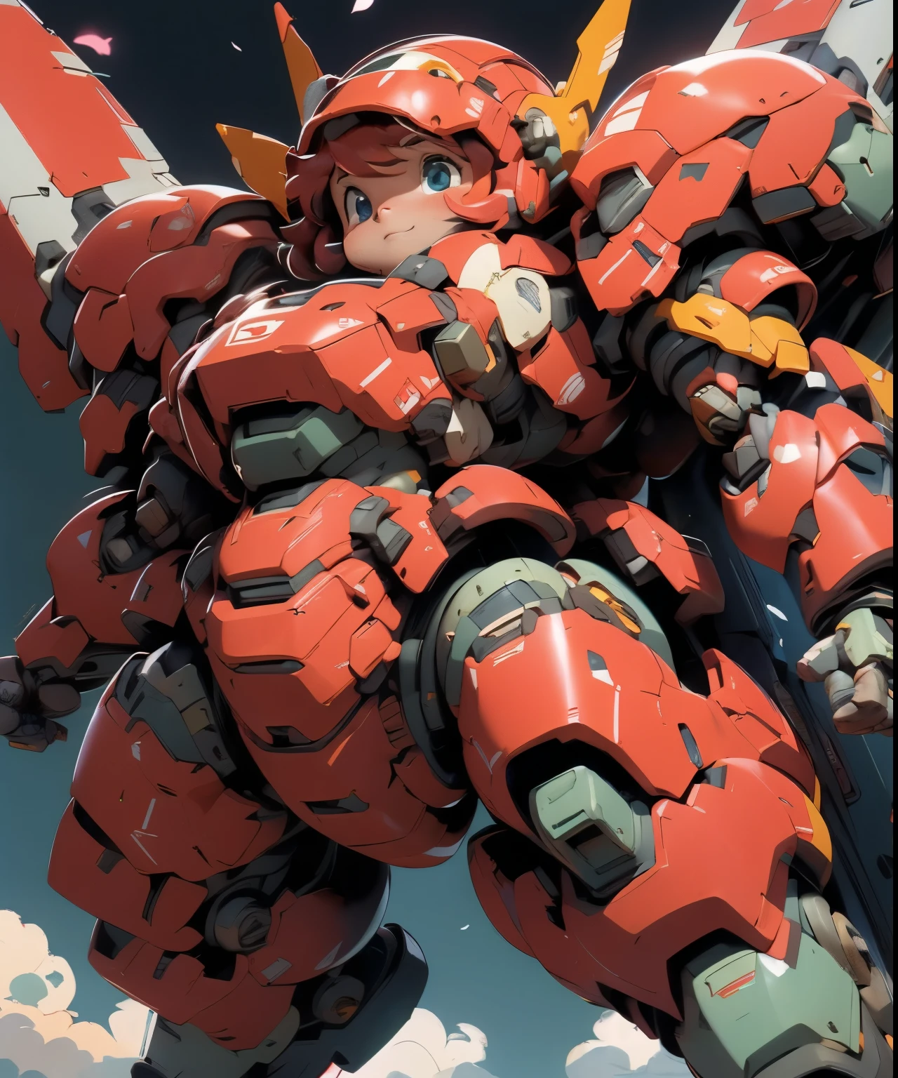 (((1 chibi girl in large red-colored robot costume, from below))), (holding weapons), (((helmet:1.5))), (((looking down:1.4))), ssmile, (chibi), (bulky:1.5), large cute face, mechanical parts, ((mechanical wings)), (full armor:1.8), (mecha armor:1.8), (shoulder guards:1.2),(huger arms), ((mechanical arms:1.5)), (short legs), (huger body:1.8), (heavy equipment:1.6), (from below), (headgear), blue sky, white clouds, robot joints, becoming a mecha, mecha, (RARS), (HRS), ROBOTANIMESTYLE, BJ_Cute_Mech,cute, girl BREAK ((masterpiece)), vibrant colors, 8k, best quality, ultra detailed illustration, ((best quality)), ((high resolution)), flawless skin textures, shiny oiled skin, extremely detailed anime eyes , extreme light and shadow,