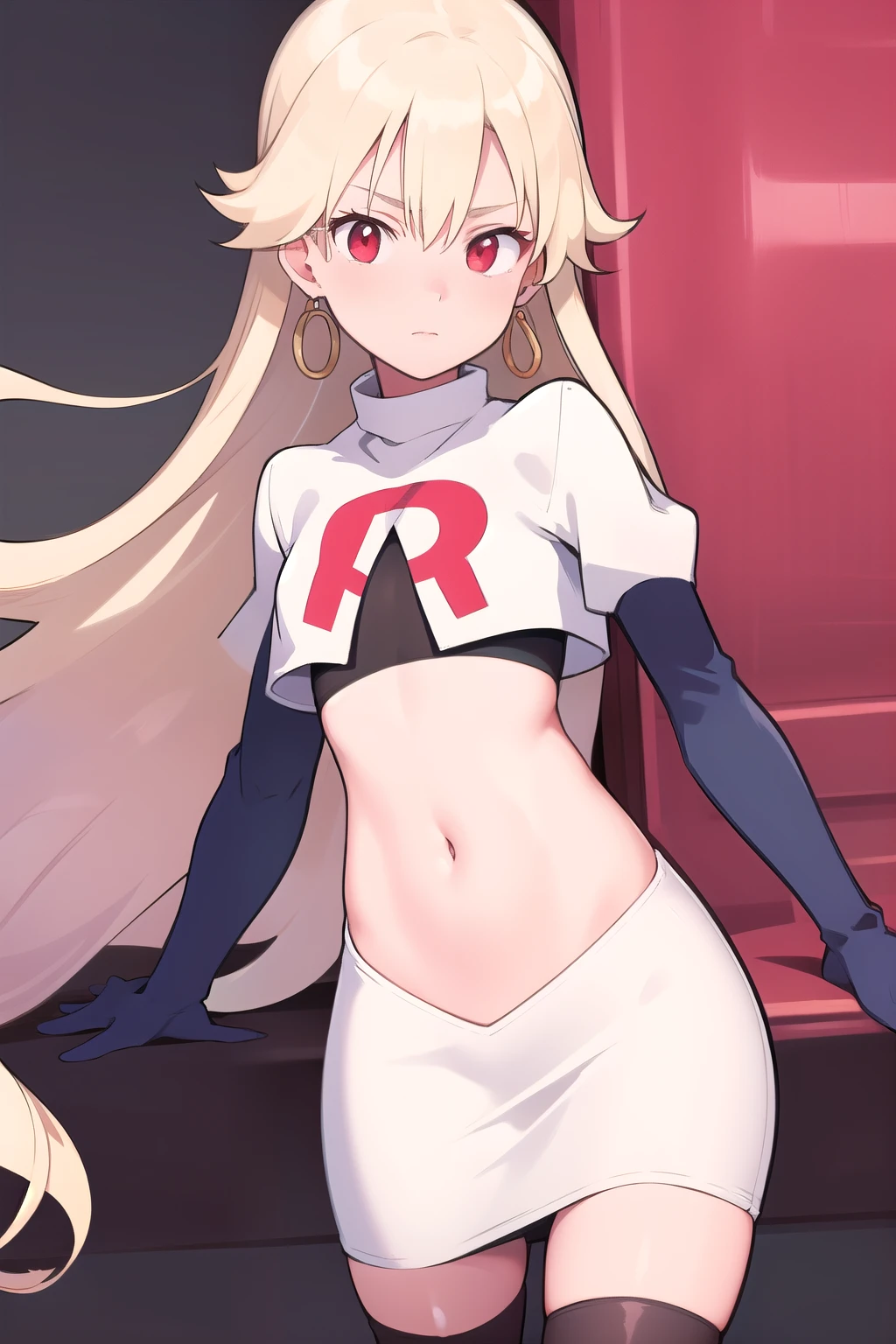 best quality, (masterpiece:1.2), illustration, absurdres,
(1girl, solo), (beautiful detailed girl), (cowboy shot),,
Roselia Millstein, blond hair, very long hair, red eyes, flat chest,
earrings, team rocket,team rocket uniform,white skirt,red letter R,crop top,black thigh-highs,black elbow gloves,