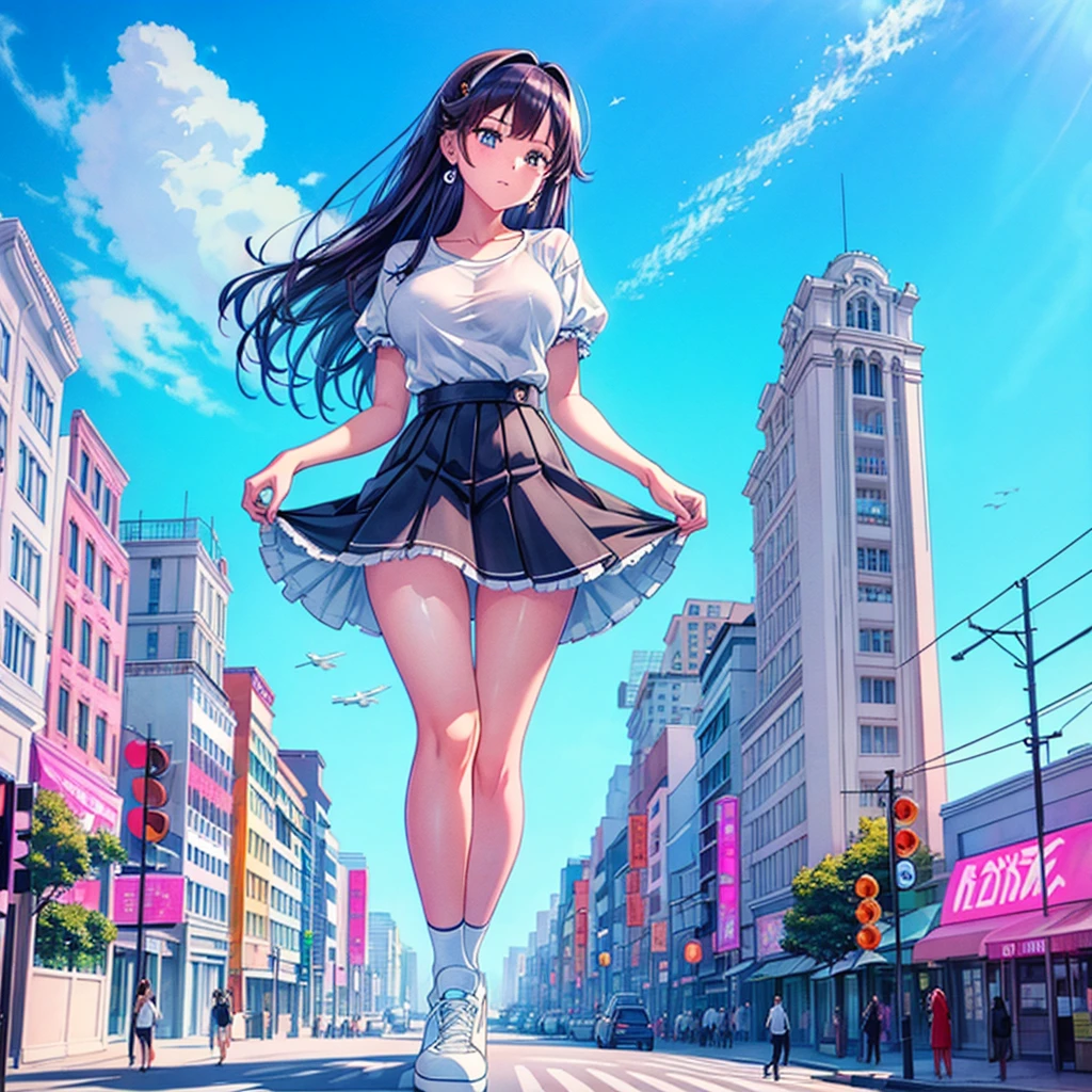 perspective from above giantess giant girl masterpiece unreal engine anime style delicate picture 4k 90's giant crowd amusement park giant girl standing at an amusement park ferris wheel roller coaster crowd skirt big breasts white T-shirt summer clothes short sleeves private clothes sneakers white socks wristwatch black hair smile blue sky thundercloud contrail female giant giant Girl Full Body Crowd Unreal Engine, Cleavage, A Picture, Earrings, Long Hair, 1980s (Style) Cute Picture Beauty Analog Style Full Body Sneakers,