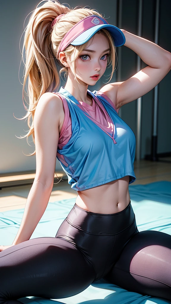 work of art, best qualityer, 8K, Photographic Reality, realisitic, octane rendering, Japanese gymnastics exercise (1womanl: 1.4), (Only one woman shown in the photo: 1.4), (hair long blonde), (Pink sports vest|black yoga pants), (blue colored eyes) Visor lateral