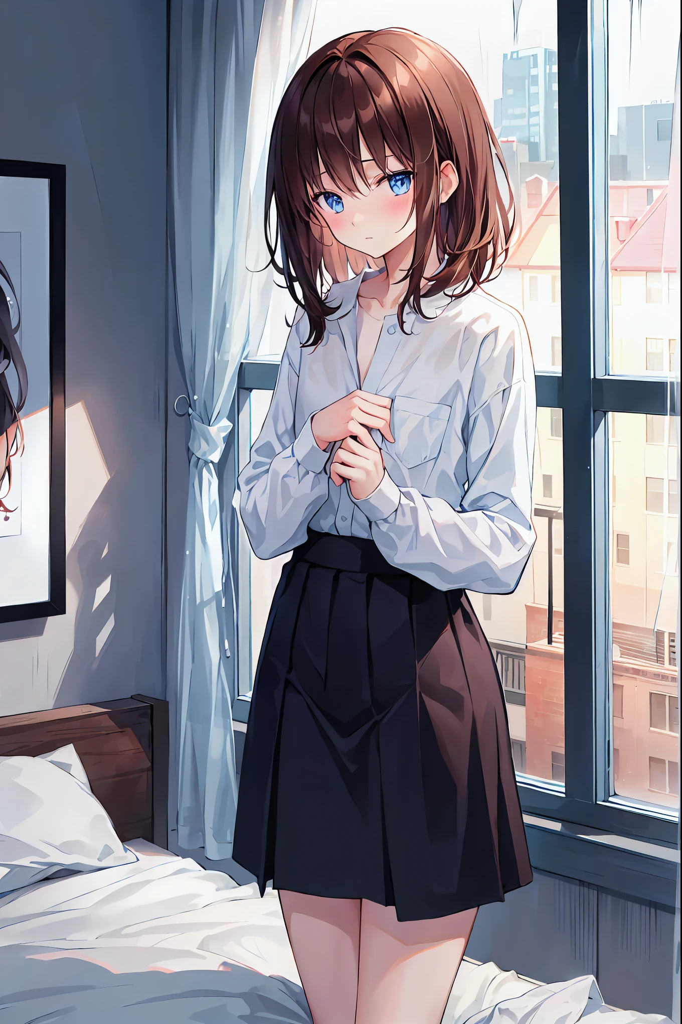 Mastepiece、masterpiece、highest quality、Super detailed、High resolution、8K Portrait、High definition CG of Unity 8k wallpaper、Cute little:1.5、Loli:1.5、Highly detailed CG Unity 8k wallpaper、Realistic、Real person、 Portrait Photography、Shiny skin、High definition、(16 years old:1.2)、(1 girl)、Beautiful clear eyes、extremely detailed description、Delicate face、Nice lips、Slim body、(thin waist)、Thin legs、(bed room:1.6)、1 Girl, Cute, Perfect Face, seriously, (blush:1.7),(Brown Bob Hair:1.3),(small breasts:1.3),(School uniform:1.3),(bra,Shoulder:1.2),((skirt lift:1.5)),(looking at view),(from front:1.2),(disapproval face:1.5),nsfw,(take off panty:1.6),