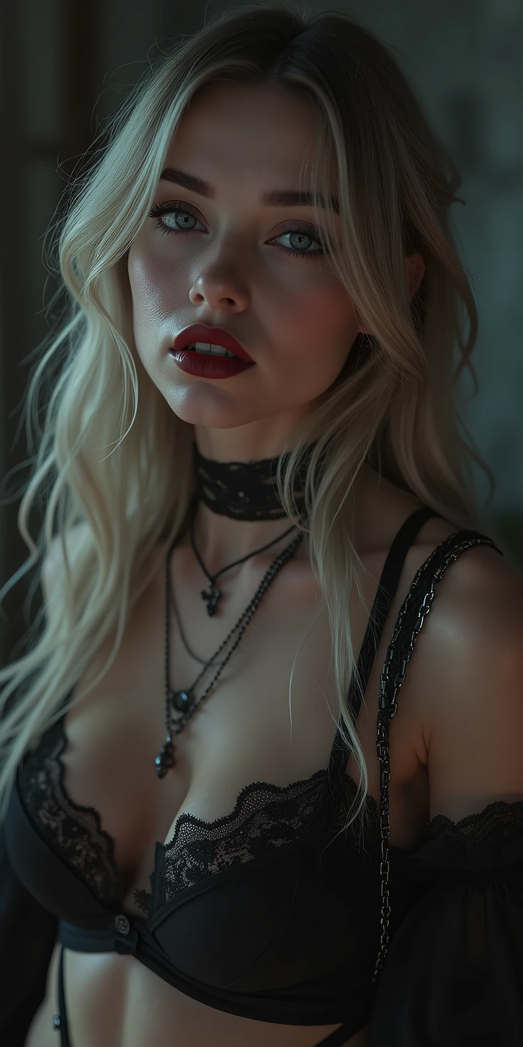 (best quality, ultra-detailed, photorealistic: 1.39), bright and vibrant colors, studio lighting, romantic expression, An effeminate girl, with a delicate and beautiful face. Beautiful and adult woman with her straight loose blonder dark hair matches the gothic makeup, her dark silver eyes and mischievous smile, with her large seductive breasts, cleavage, dark style, strap, bold black lingerie, chains on sexy, lacy lingerie, tattoos on the stomach, gothic details , dark makeup. She have a horny face, like a manwha character, haunted and gothic apartment, old apartment, gothic accessories in the haunted apartment , gothic scenery at night, seductive cleavage, manga style, anime features manga style, fully body , she is in love, like a manwha character style