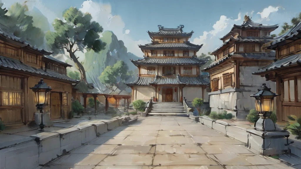 中国Ink画,  masterpiece , best quality, Ink画，Guo Chao，Ink，（Xianxia scene，Fantasy fairyland scene，Pavilions，architecture具有东南亚特色，cloud雾缭绕：1.5），outdoor，Sky，daytime，cloud，Tree，Blue sky，nobody，window，plant，architecture，landscape，lantern，stairs，Potted plants，architecture，东亚architecture，landscape