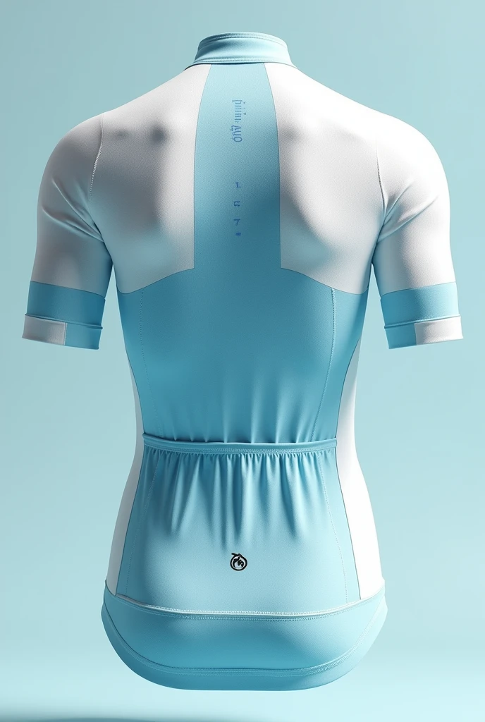 Design a cycling jersey with the latest fashion designs,  with the colors white and light blue, The image must contain the front and back view of the jersey and must contain a guinea pig logo on the back and an achira logo on the front.
