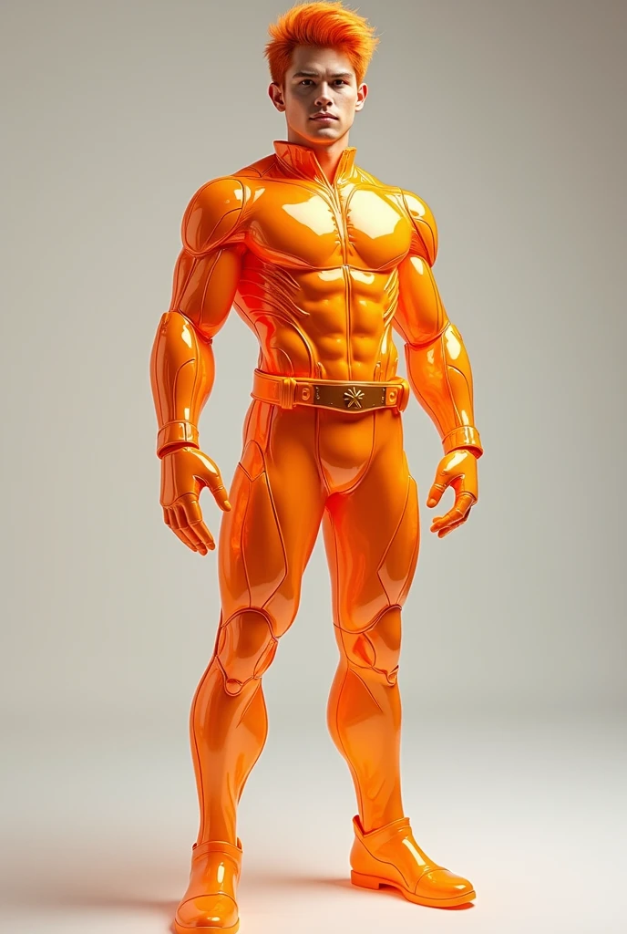 full full body photorealistic handsome hunky fractal masculine Teen titans orange haired faunaman.. wearing orange quartz transparent crystal chrome glass super suit , with belt and gloves..look at camera, detailed face parts,, studio as background, Freestyle Pose, Happy Expression, perfect anatomy, symmetric body,, 1, :: high detail, a lean athletic body, realistic, human skin, extremely detailed fingers,
