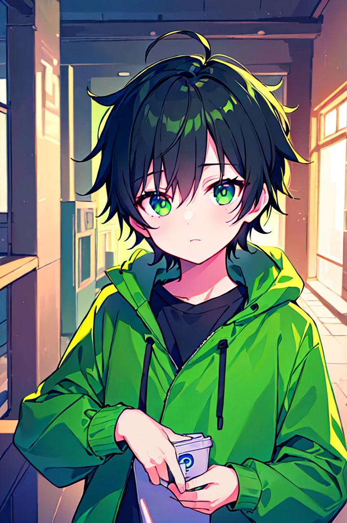 [(CITYPOP BACKGROUND:1.5),::5], (((masterpiece))), high quality, ultra_very_high_resolution, large_filesize, upper body, (green base), full color, ((solo)), (()), ((black short hair)), green eyes, anime, neon light, black parka,