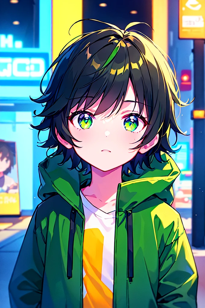 [(CITYPOP BACKGROUND:1.5),::5], (((masterpiece))), high quality, ultra_very_high_resolution, large_filesize, upper body, (green base), full color, ((solo)), ((little boy)), ((black short hair)), green eyes, anime, neon light, black parka,
