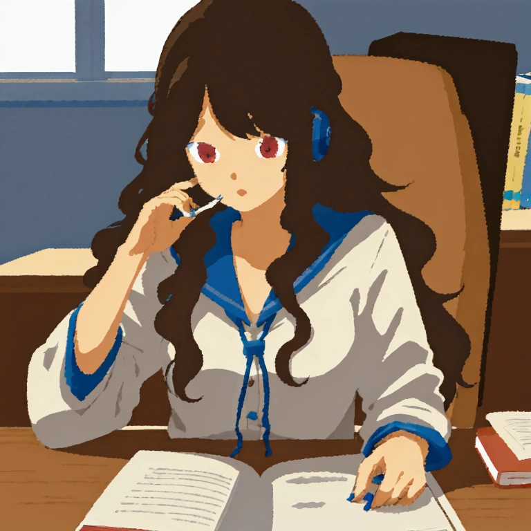 A college girl with medium-length wavy hair, studying at a desk while doing his university thesis listening to music 