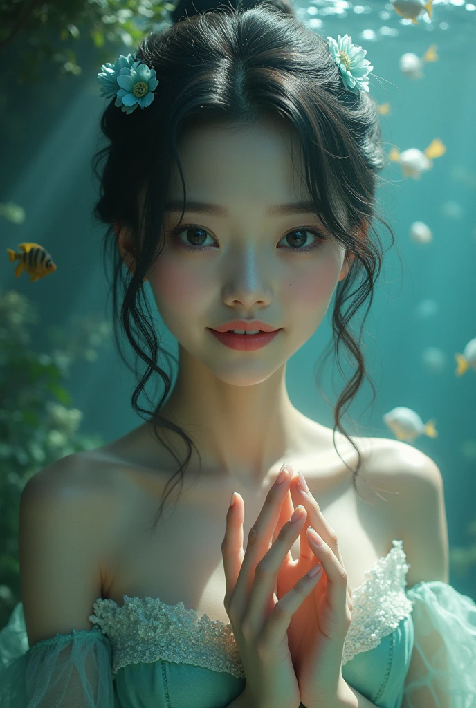 (masterpiece,best quality:1.4),(8k,raw photo,photo realistic:1.2),shiny skin,detailed skin,detailed face,detailed eyes,Detailed hands,Detailed Background、1girl,Japanese idol,(beautiful face),(Shining Eyes:1.1),、smile、Symmetrical eyes、、Great background、Great location、((Sexy Costumes))、Upper Body、(Detailed cute little mermaid,Live-action adaptation,The Little Mermaid,)、Small tropical fish,In the water,swim,Full body portrait,Ocean,mysterious,nswf