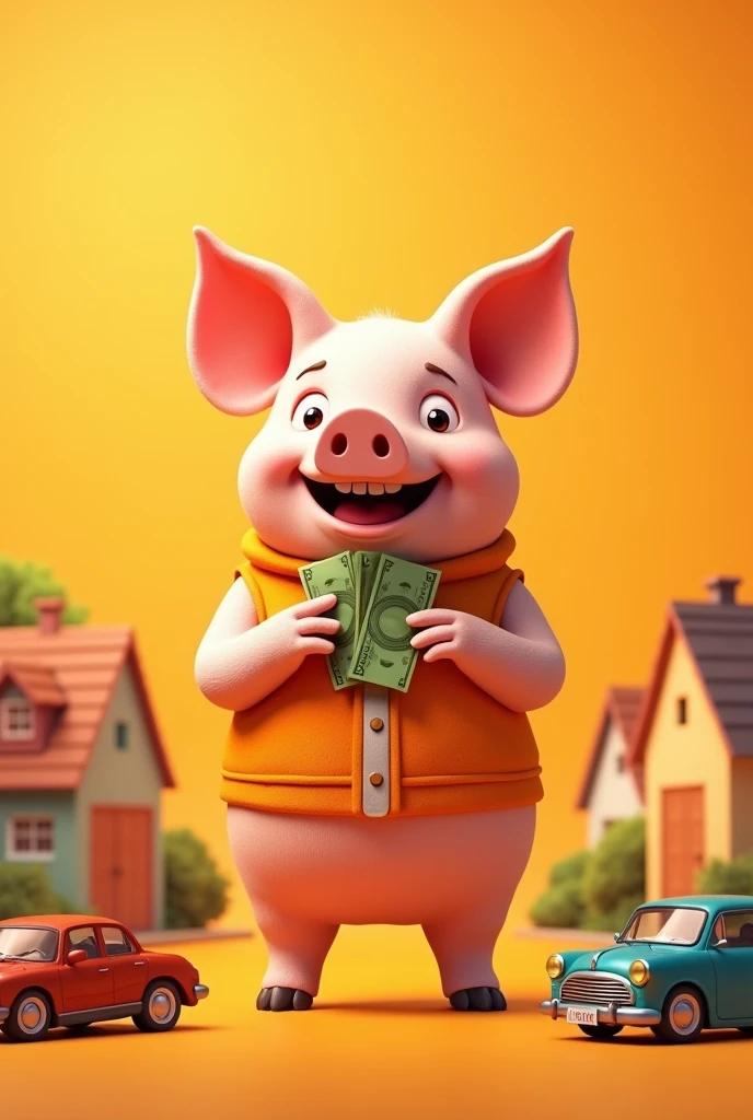 Create an image for me of an advertising banner about borrowing money, the banner has an orange background, the surrounding objects are houses and cars, and in the middle is a smiling pig standing on both feet, holding money and wearing an orange vest.
